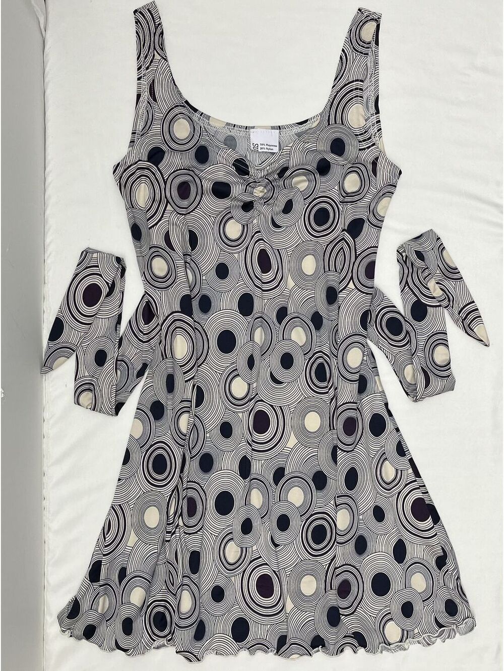 Vintage Sunchan Sz M Navy White Babydoll Dress Tie Waist Retro Swirl Pattern 60s